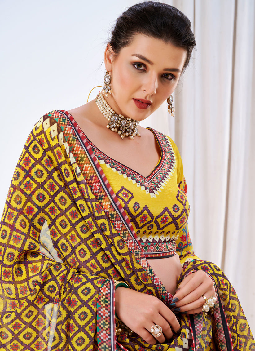 Sunny Yellow Chinnon Printed Ready To Wear Lehenga Choli