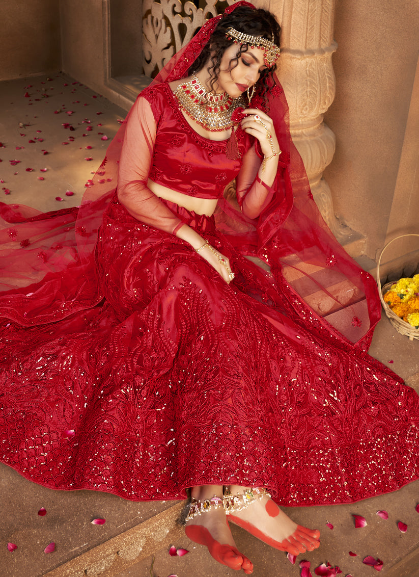 Scarlet Red Net Embroidered Designer Lehenga Choli