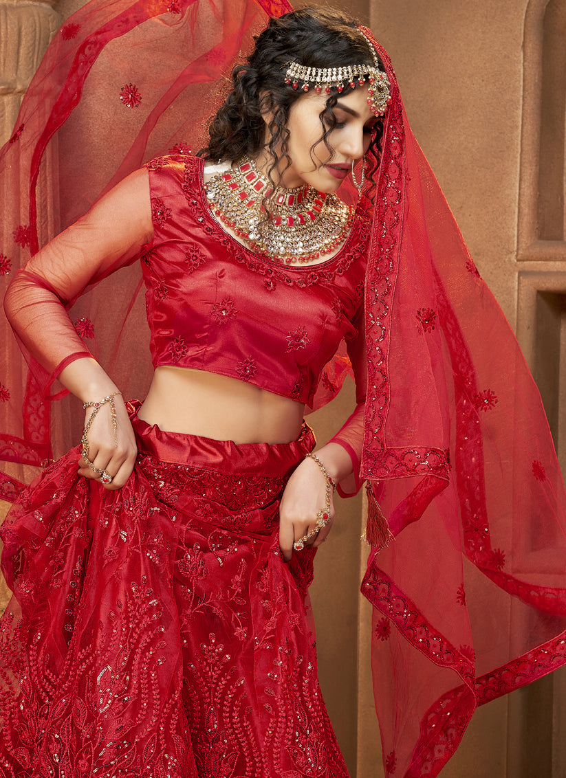 Scarlet Red Net Embroidered Designer Lehenga Choli