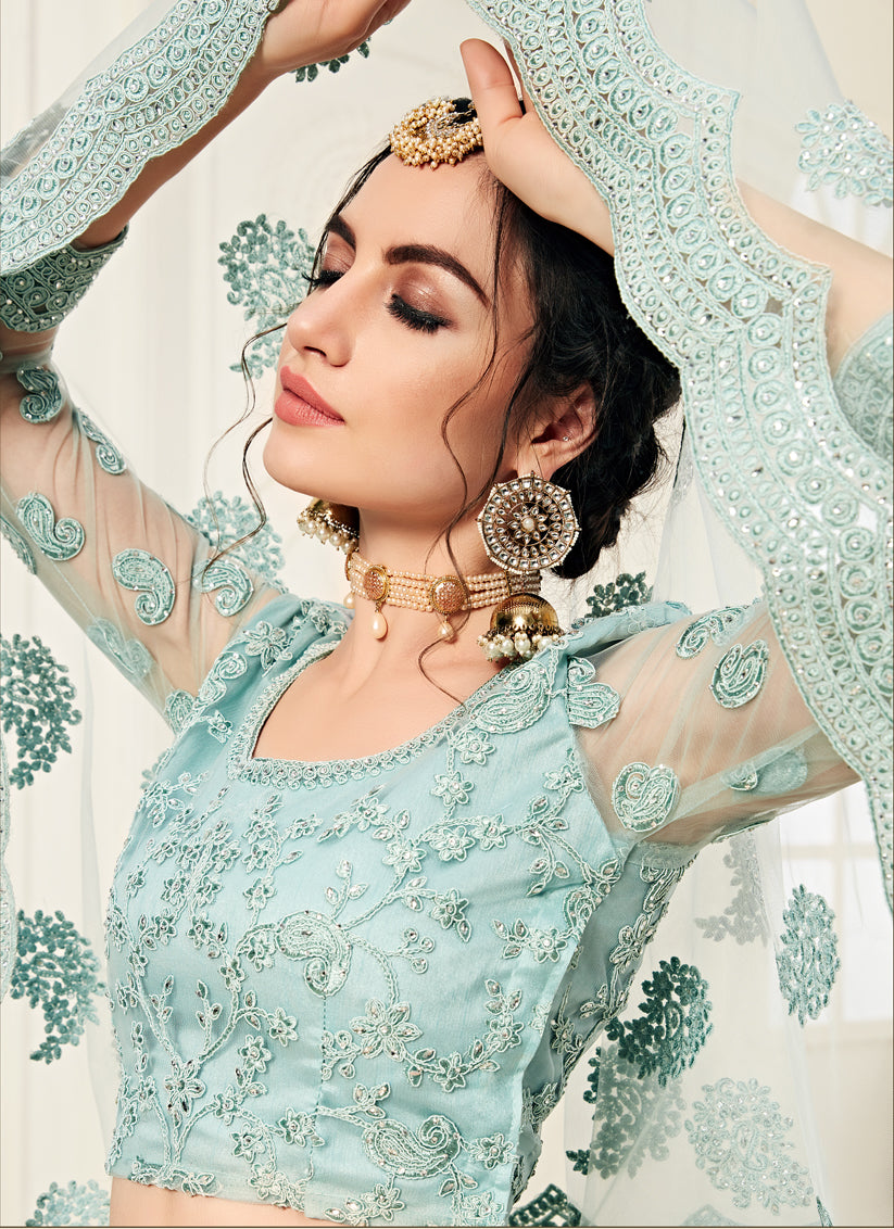 Ice Blue Net Embroidered Designer Lehenga Choli