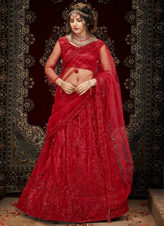 Scarlet Red Net Embroidered Designer Lehenga Choli