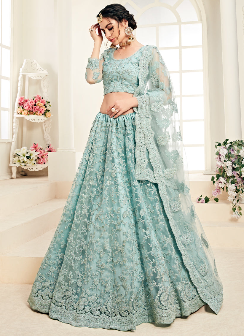 Ice Blue Net Embroidered Designer Lehenga Choli