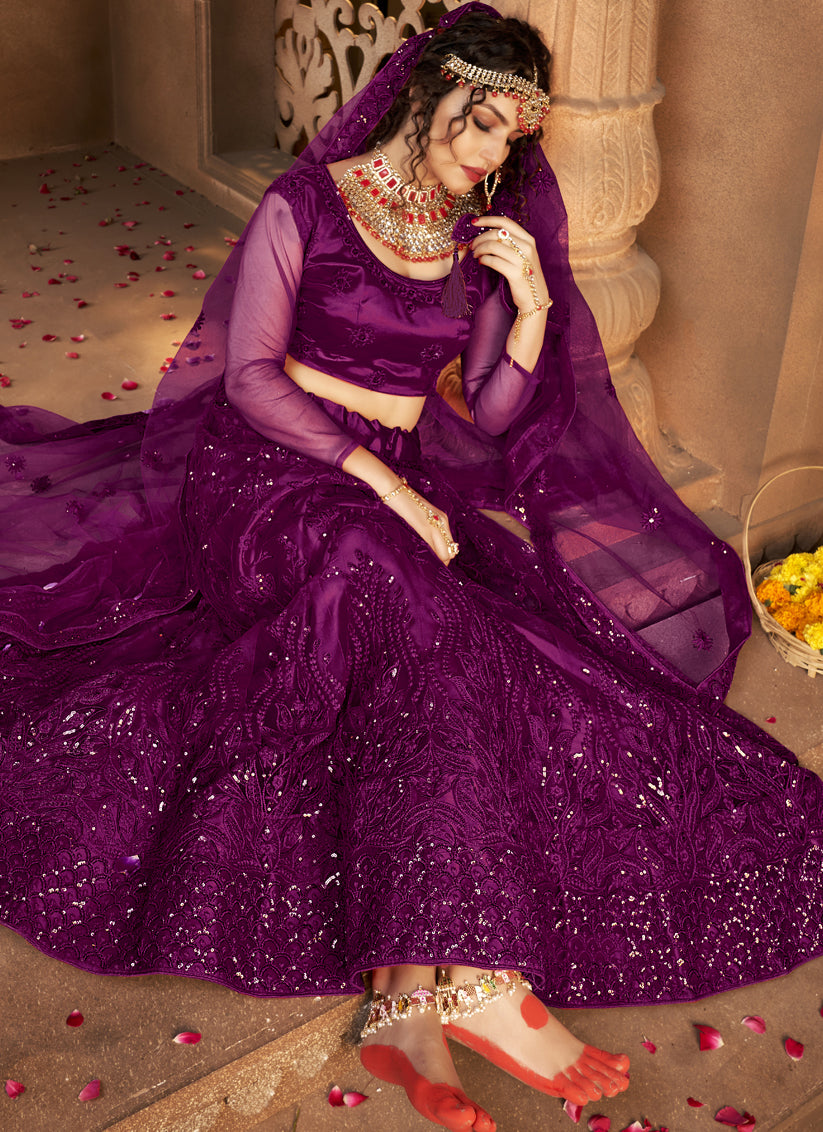 Plum Net Embroidered Designer Lehenga Choli