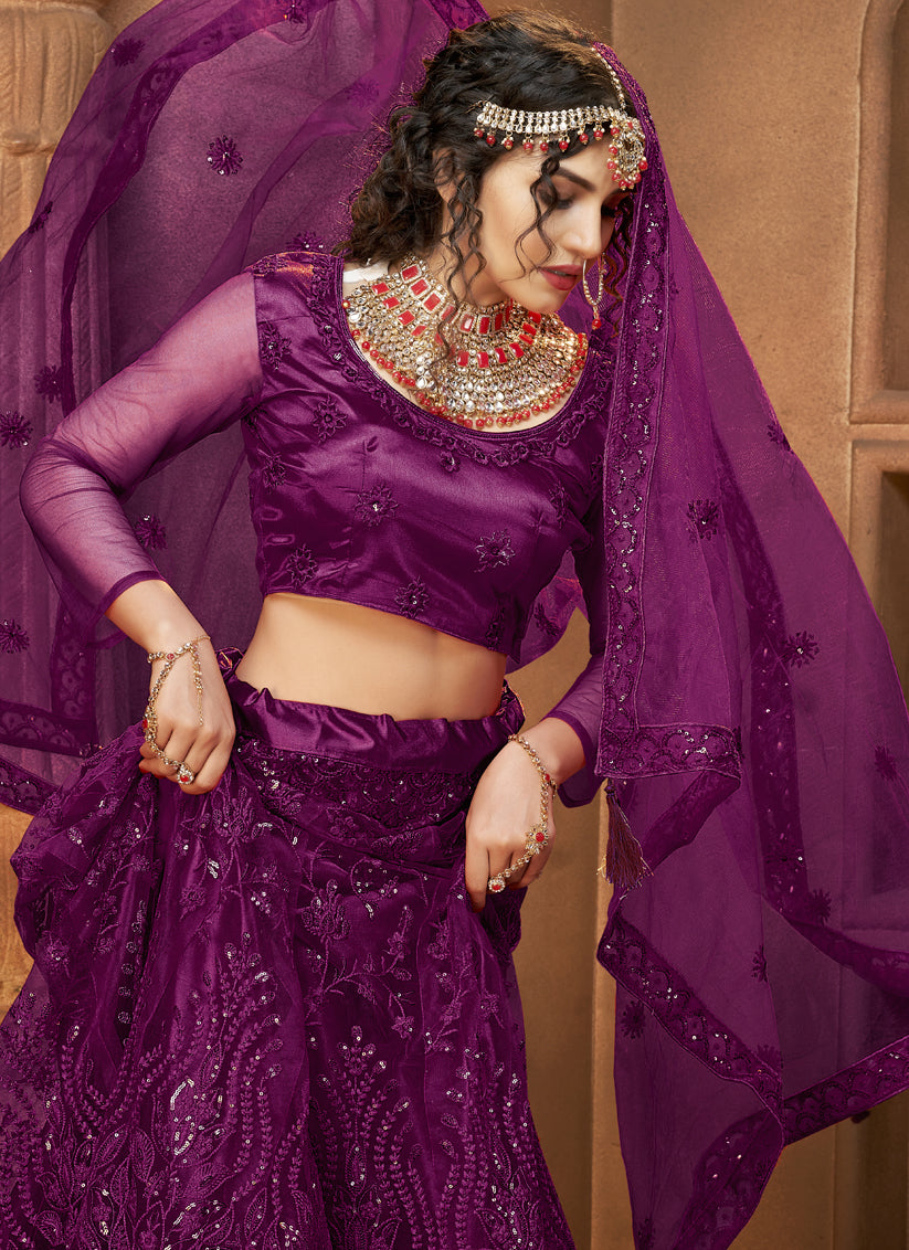 Plum Net Embroidered Designer Lehenga Choli