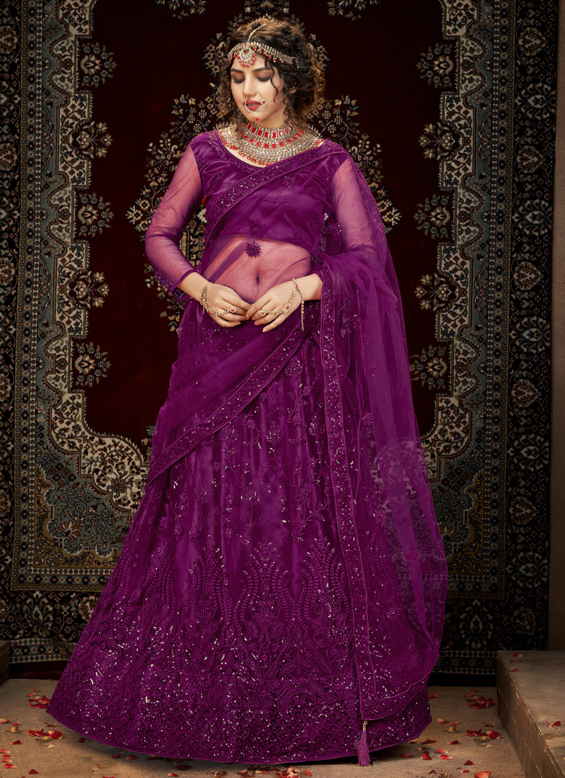 Plum Net Embroidered Designer Lehenga Choli