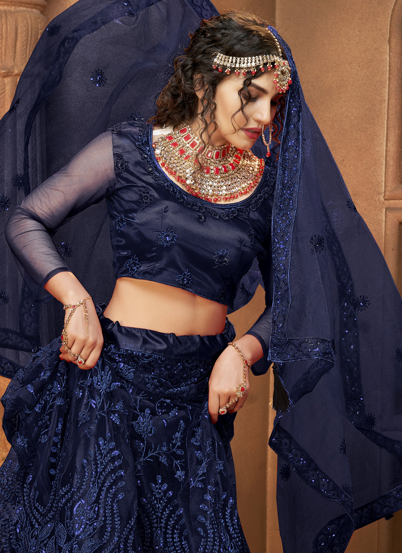 Midnight Blue Net Embroidered Designer Lehenga Choli