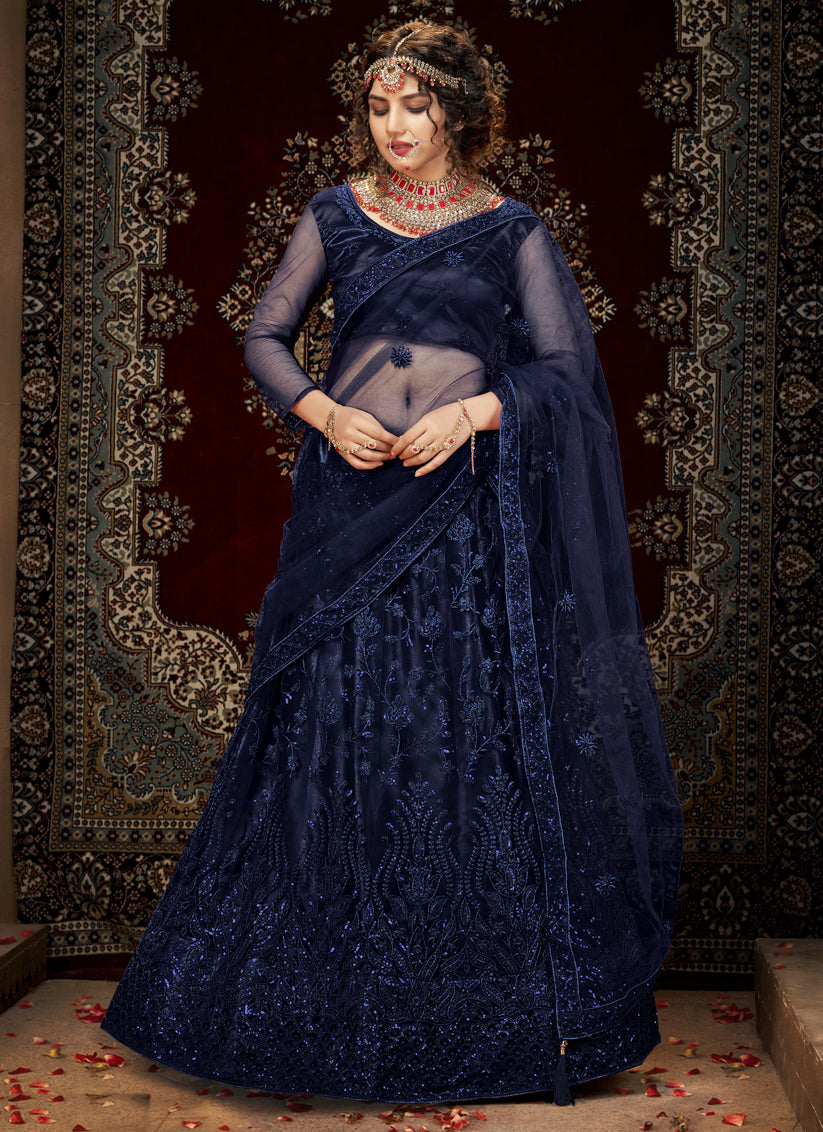 Midnight Blue Net Embroidered Designer Lehenga Choli