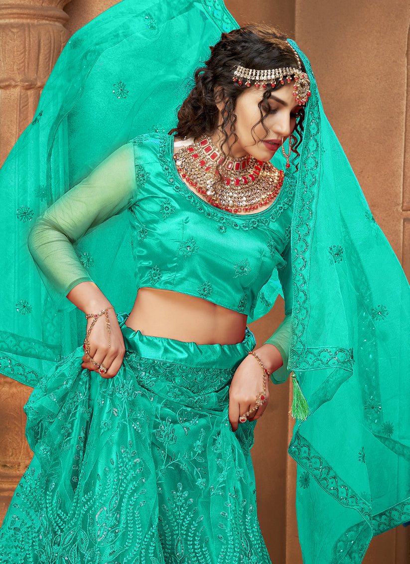 Rama Green Net Embroidered Designer Lehenga Choli