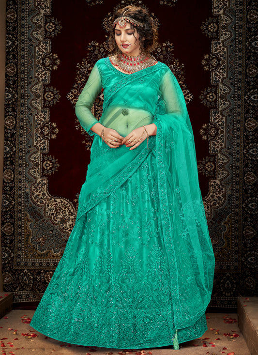 Rama Green Net Embroidered Designer Lehenga Choli