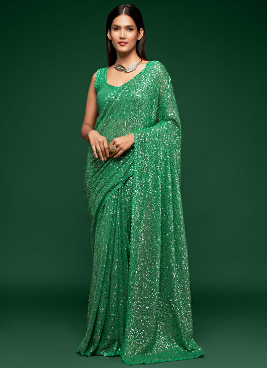 Mint Green Georgette Thread and Sequins Embroidery Saree