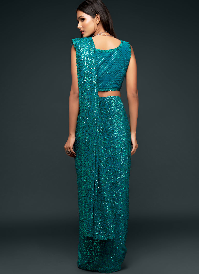 Teal Blue Georgette Thread and Sequins Embroidery Saree