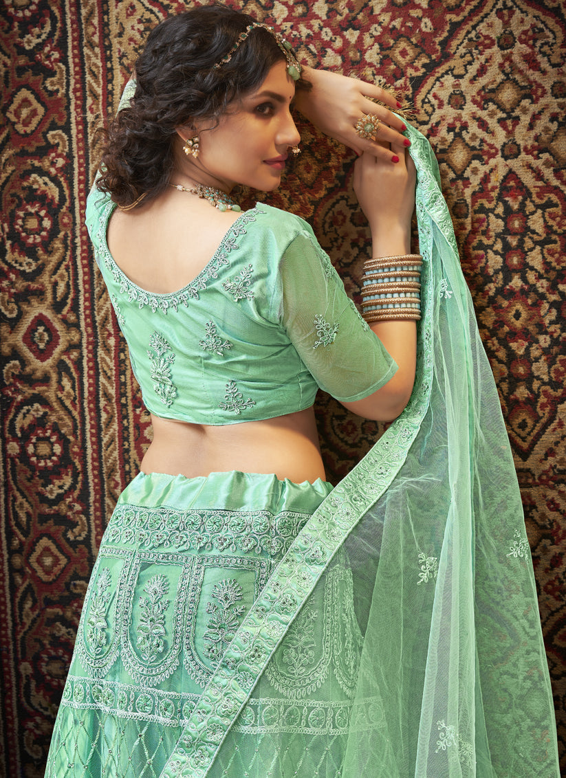 Sea Green Net Embroidered Designer Lehenga Choli