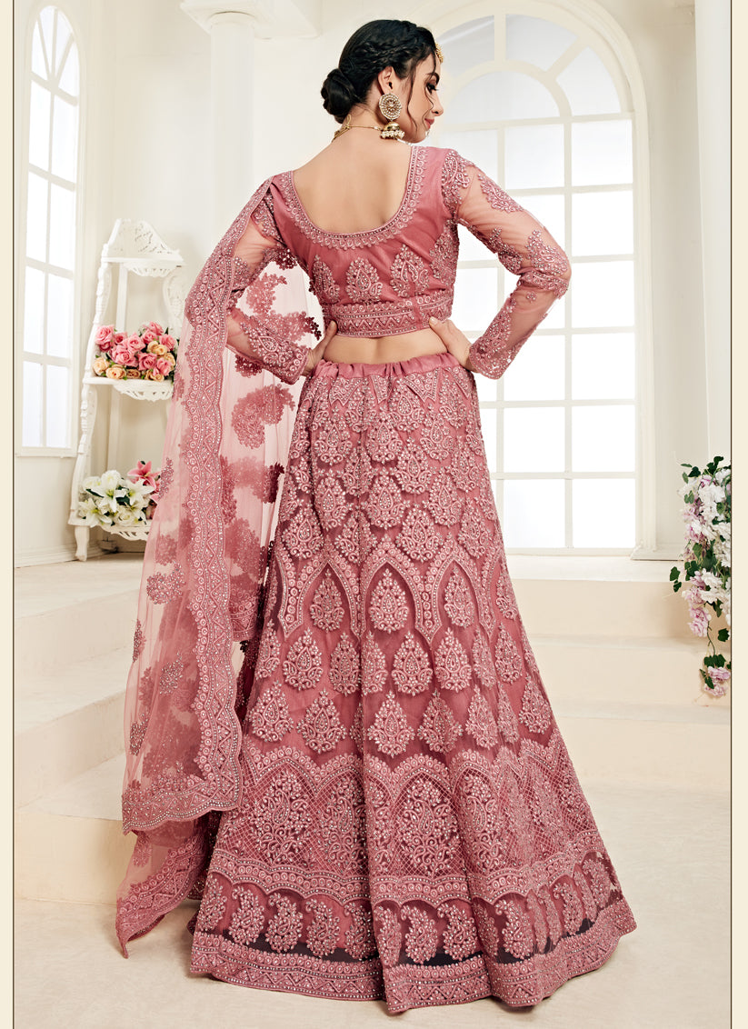 Old Rose Net Embroidered Designer Lehenga Choli