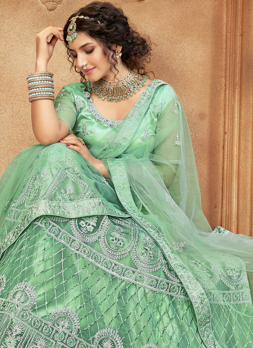 Sea Green Net Embroidered Designer Lehenga Choli