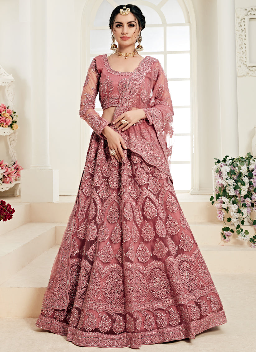 Old Rose Net Embroidered Designer Lehenga Choli