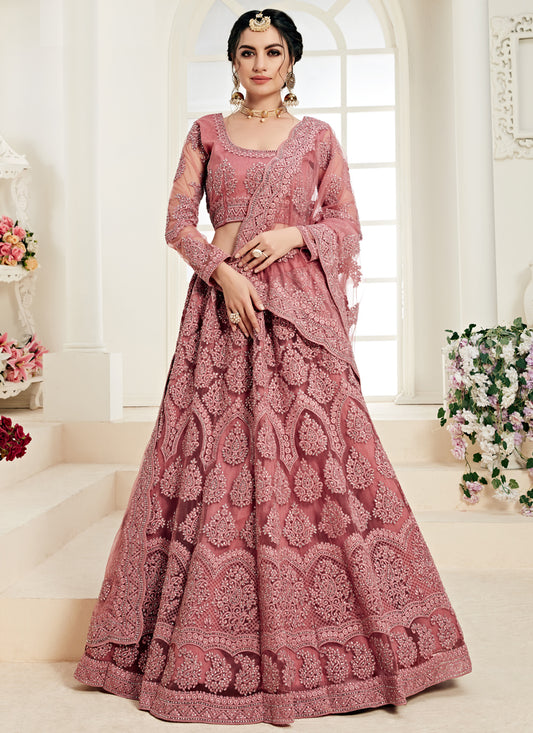 Old Rose Net Embroidered Designer Lehenga Choli