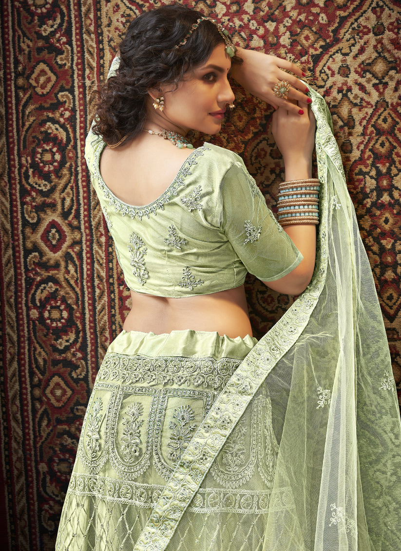 Pista Green Net Embroidered Designer Lehenga Choli