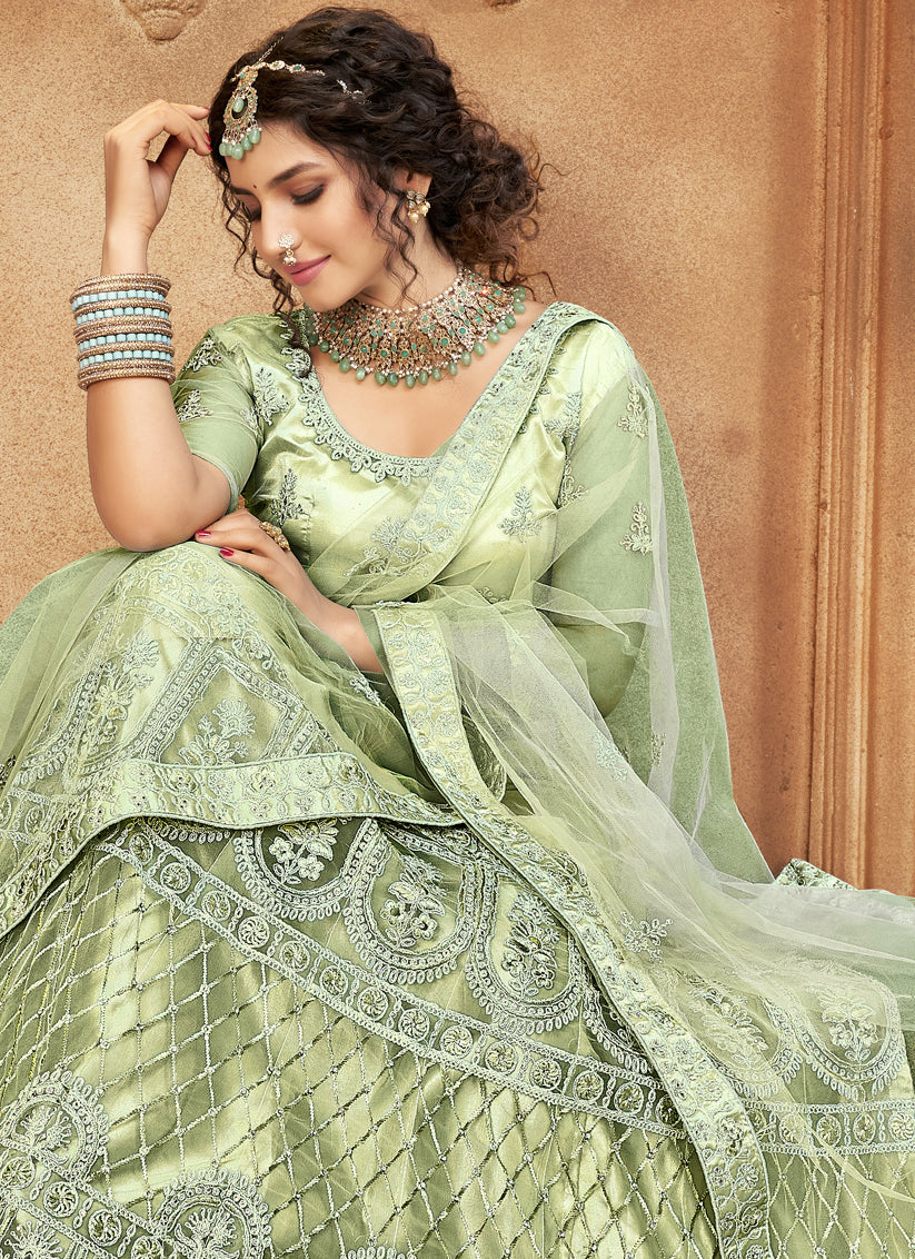 Pista Green Net Embroidered Designer Lehenga Choli