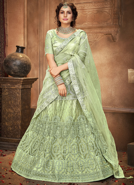 Pista Green Net Embroidered Designer Lehenga Choli