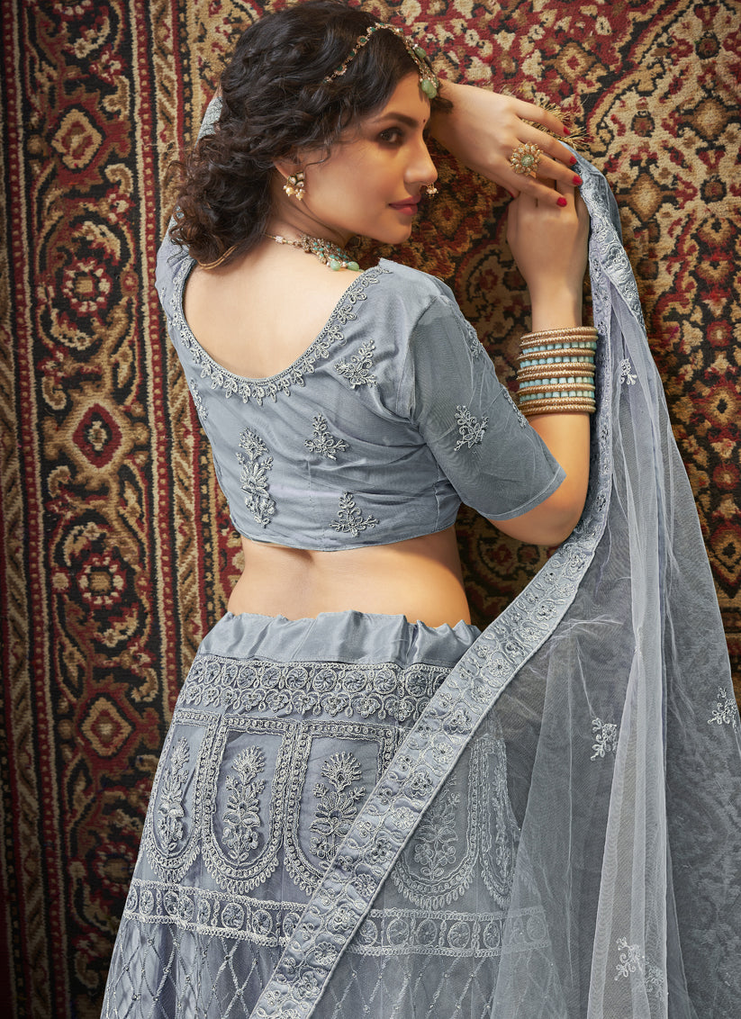 Smoke Grey Net Embroidered Designer Lehenga Choli