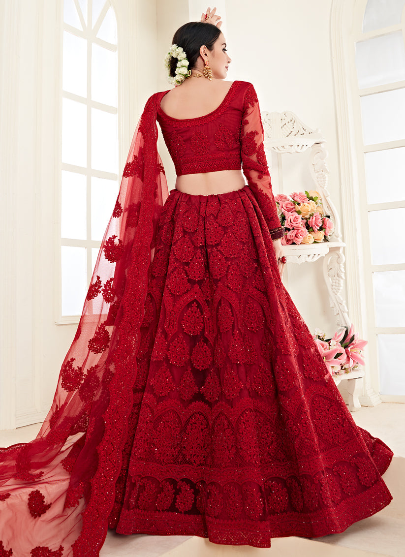 Scarlet Red Net Embroidered Designer Lehenga Choli