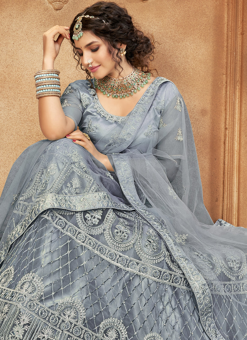 Smoke Grey Net Embroidered Designer Lehenga Choli