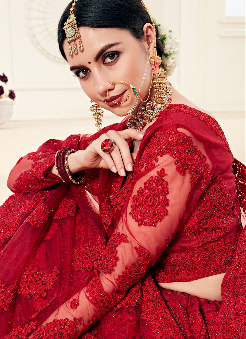 Scarlet Red Net Embroidered Designer Lehenga Choli