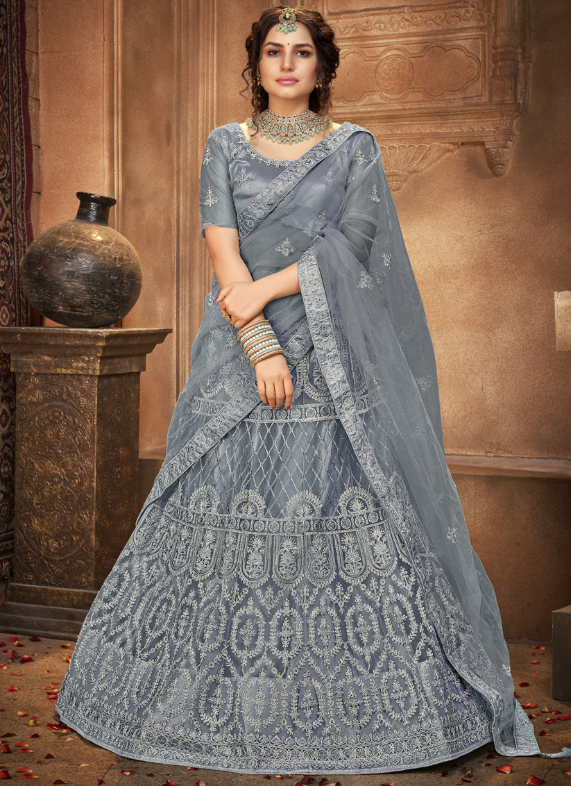 Smoke Grey Net Embroidered Designer Lehenga Choli