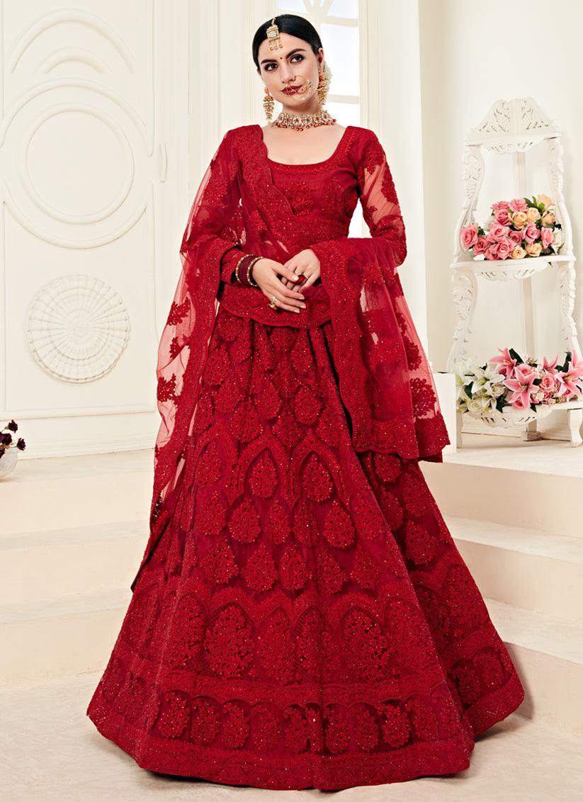 Scarlet Red Net Embroidered Designer Lehenga Choli