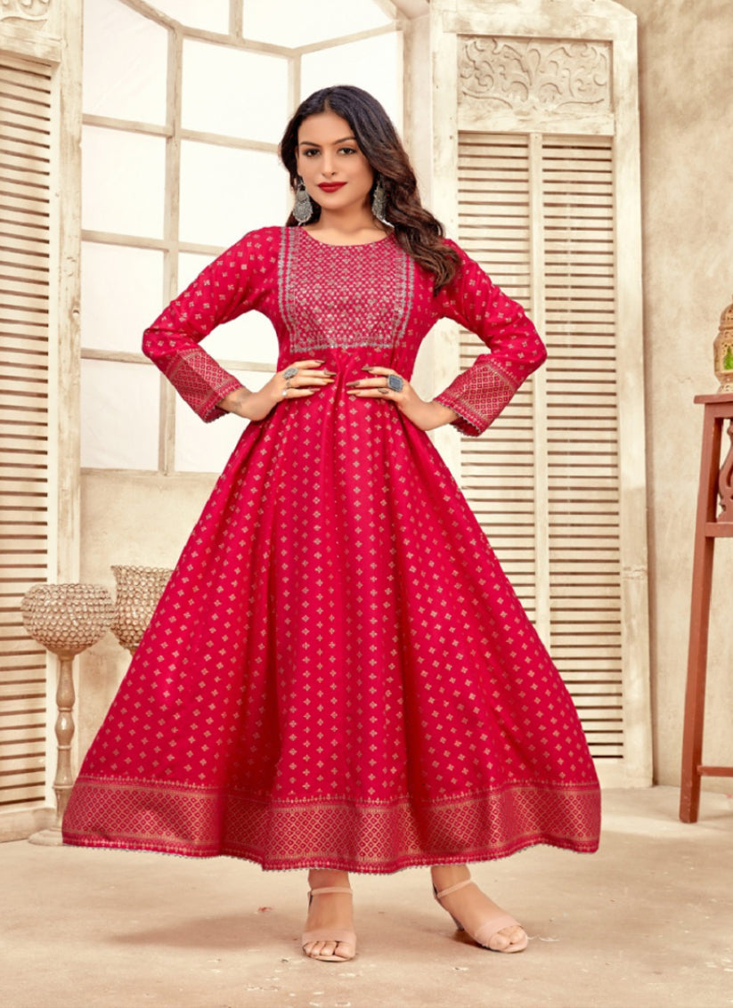 Rani Pink Rayon Printed Ready Made Anarkali Style Kurti