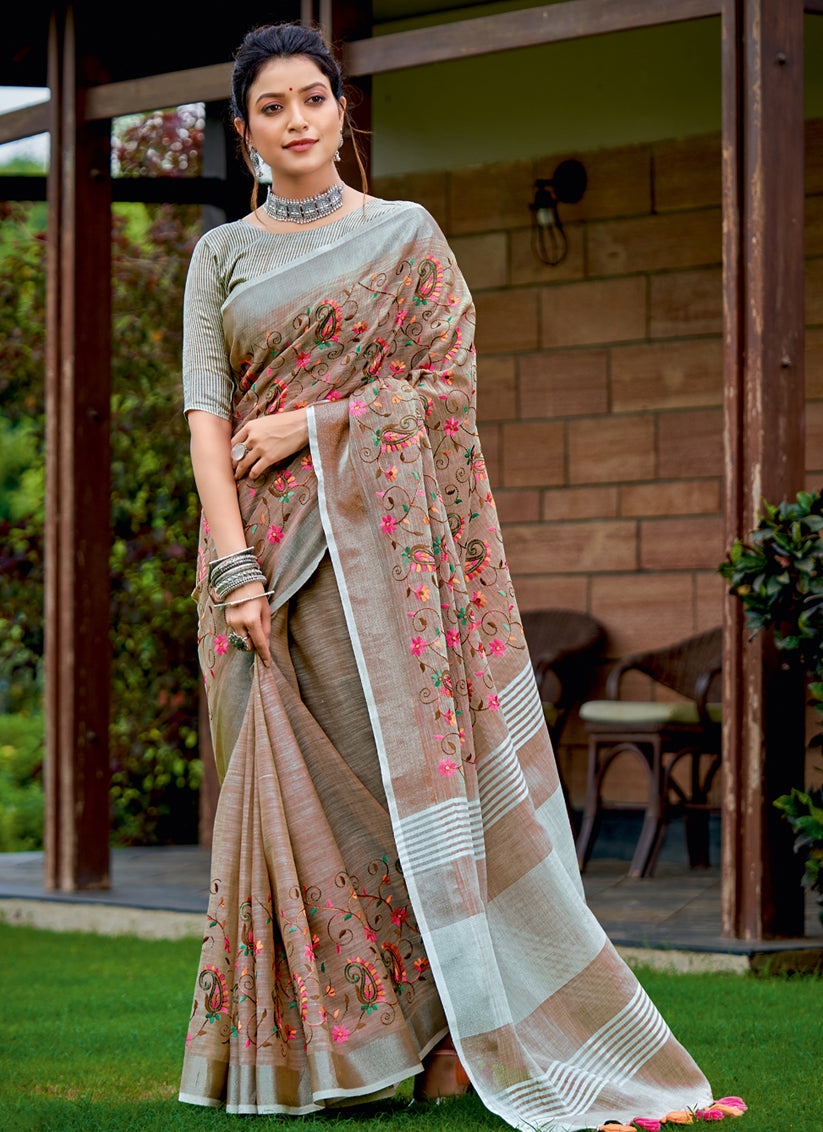 Dusty Beige Linen Kashmiri work Saree