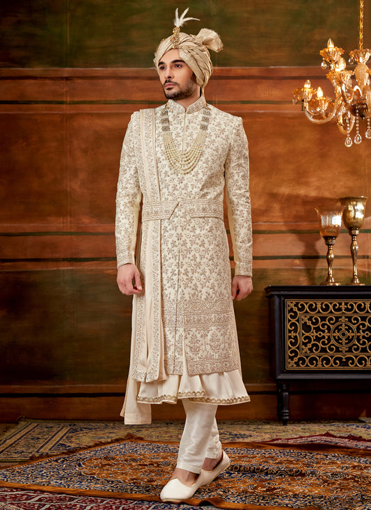 Cream Art Silk Embroidered Designer Sherwani with Stole