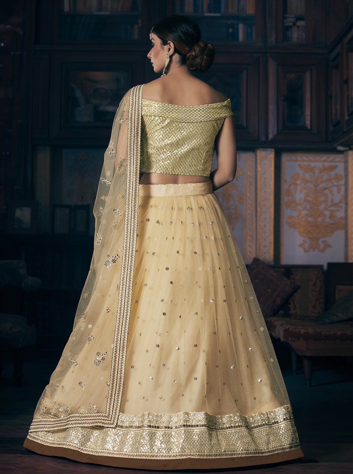 Cream Net Embroidered Designer Lehenga Choli