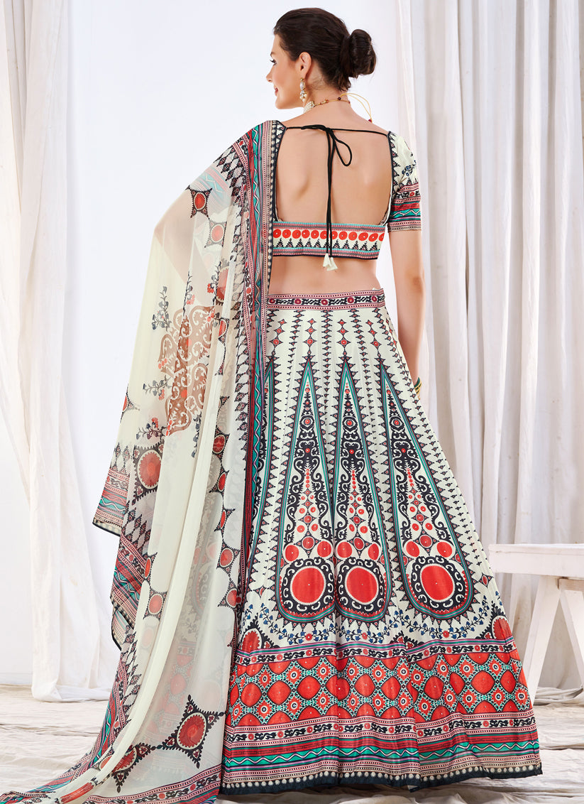 White Chinnon Printed Lehenga Choli