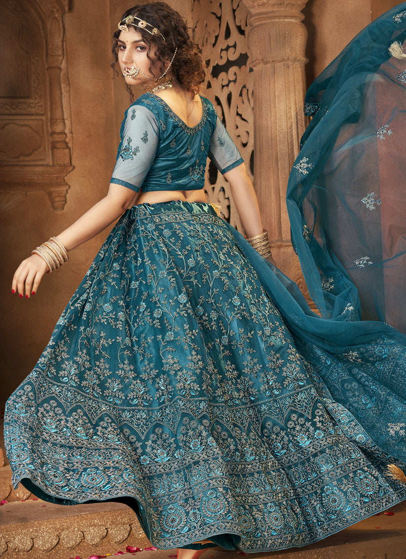 Peacock Blue Net Embroidered Designer Lehenga Choli