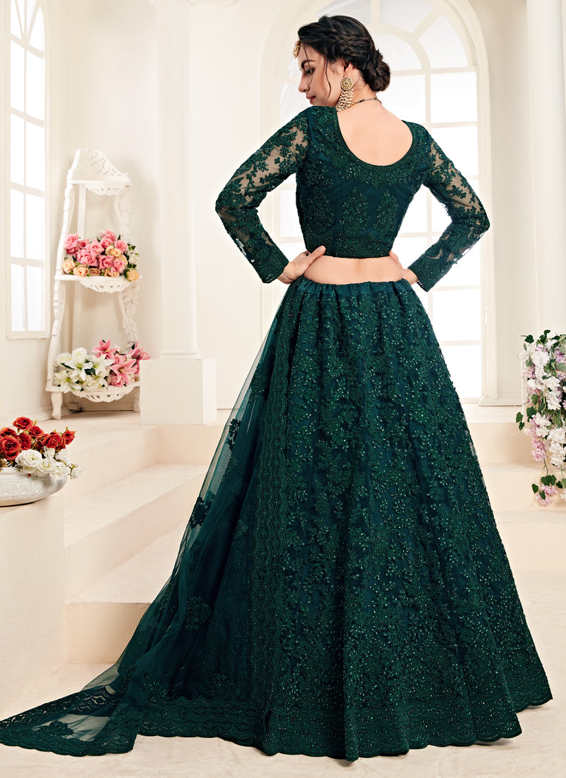 Pine Green Net Embroidered Designer Lehenga Choli