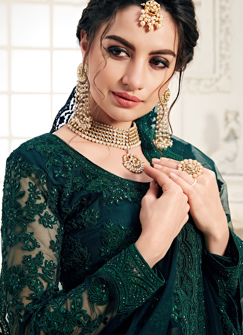 Pine Green Net Embroidered Designer Lehenga Choli