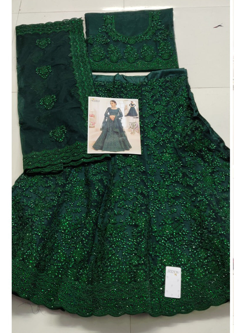 Pine Green Net Embroidered Designer Lehenga Choli