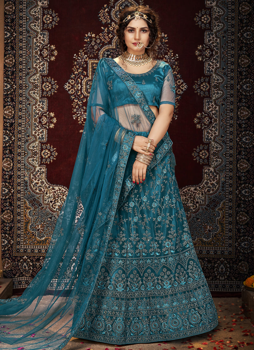 Peacock Blue Net Embroidered Designer Lehenga Choli