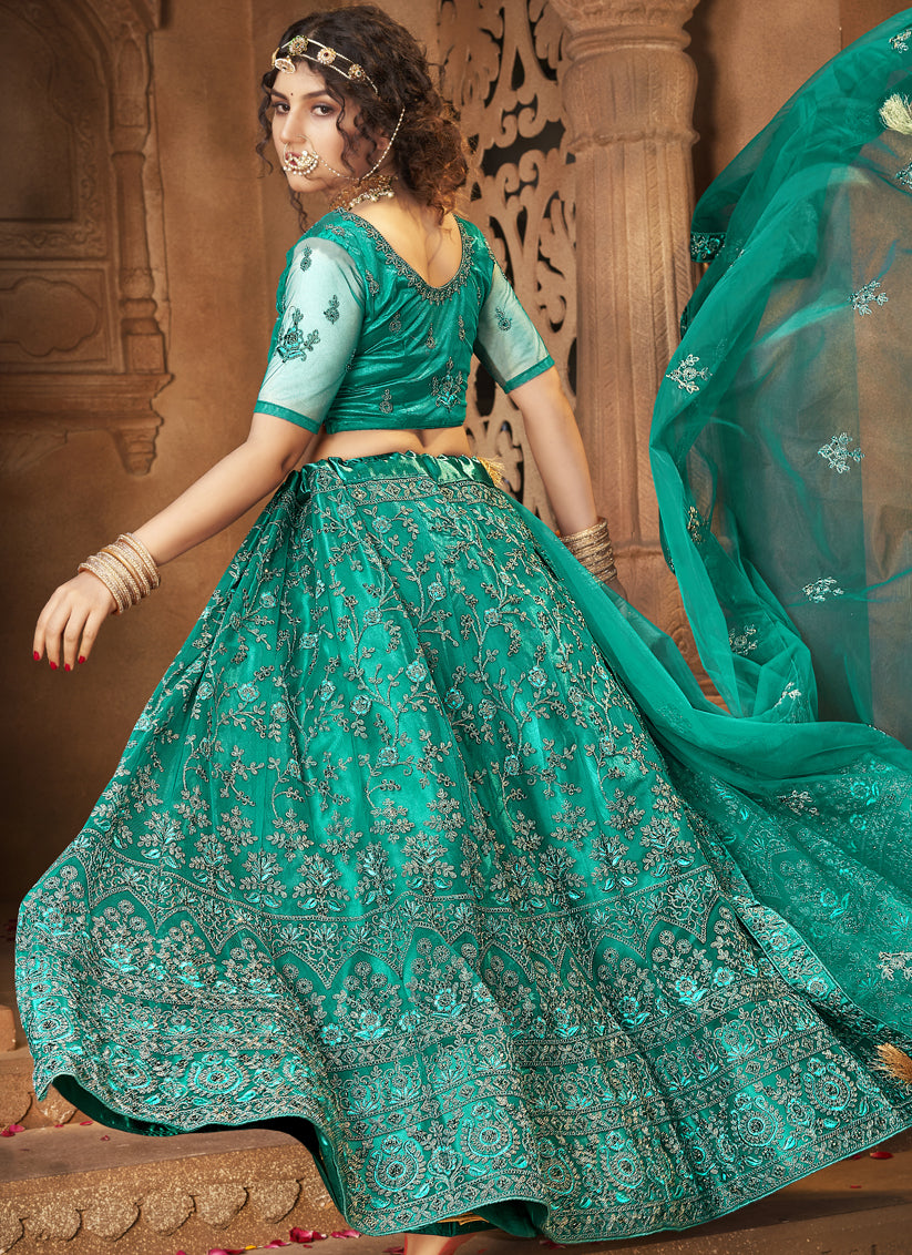 Persian Green Net Embroidered Designer Lehenga Choli