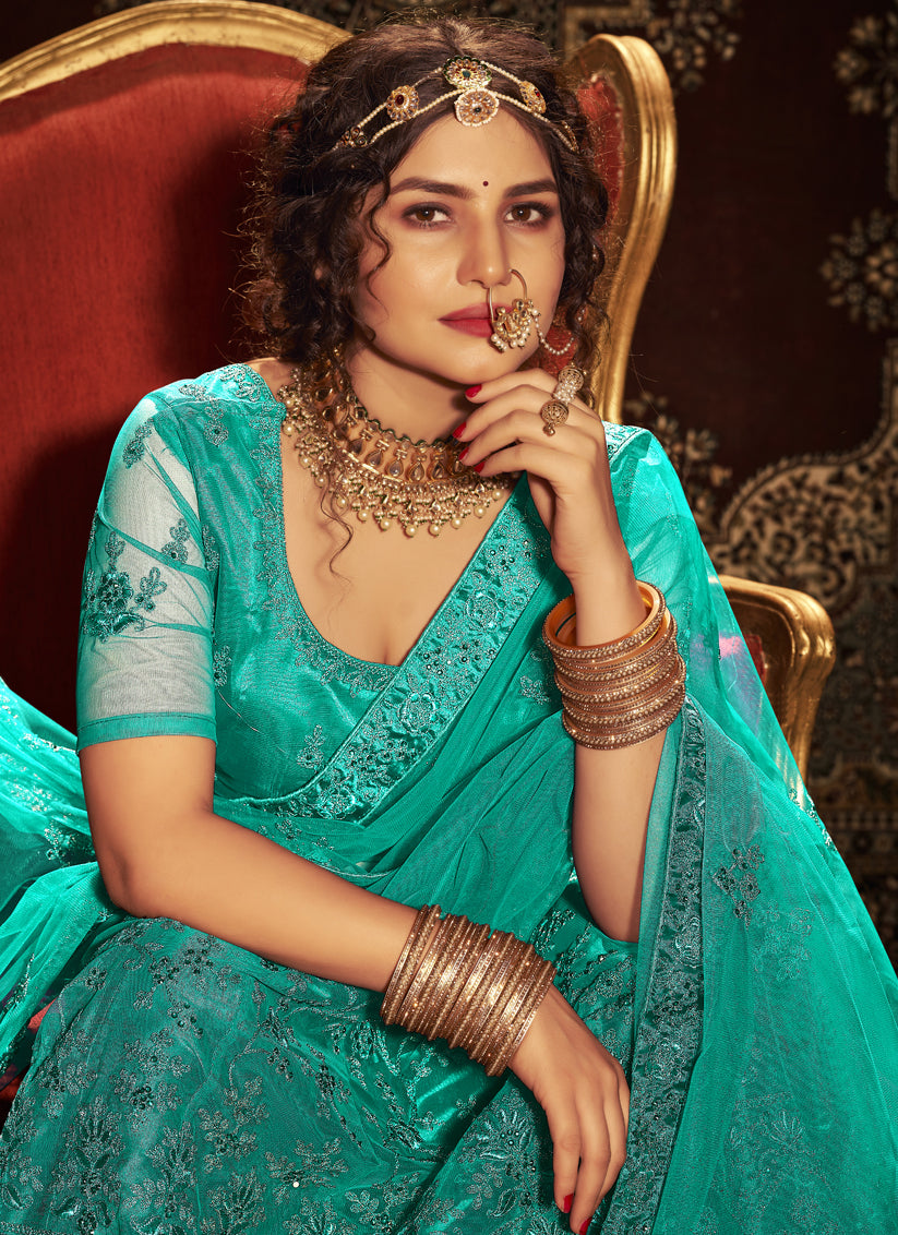 Persian Green Net Embroidered Designer Lehenga Choli