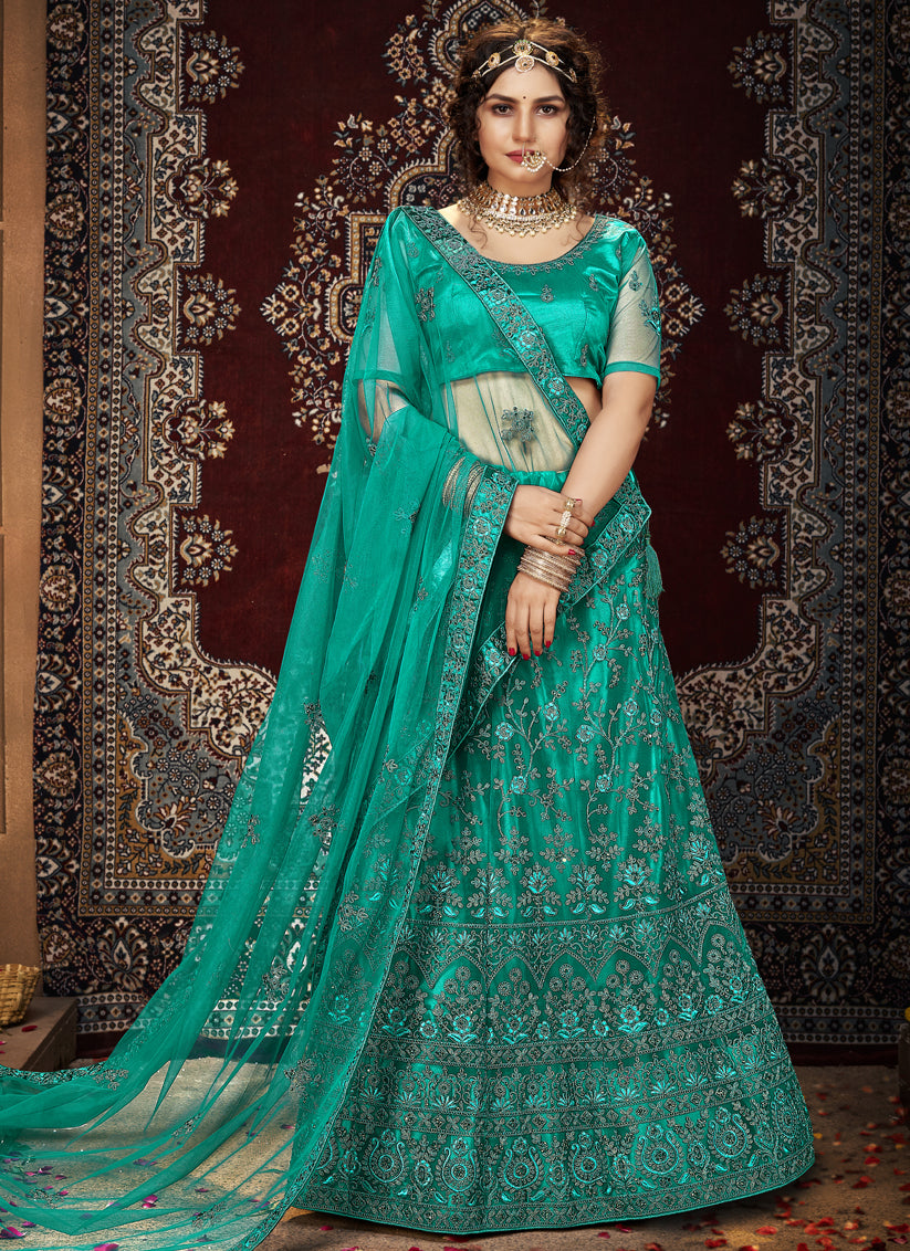 Persian Green Net Embroidered Designer Lehenga Choli