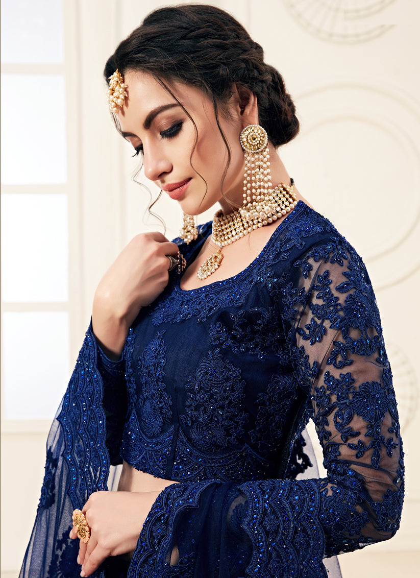 Blue Net Embroidered Designer Lehenga Choli