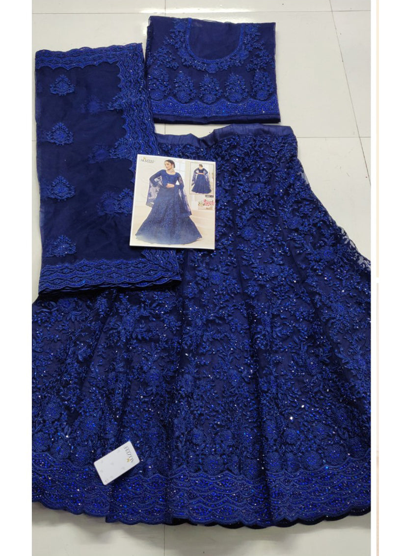 Blue Net Embroidered Designer Lehenga Choli