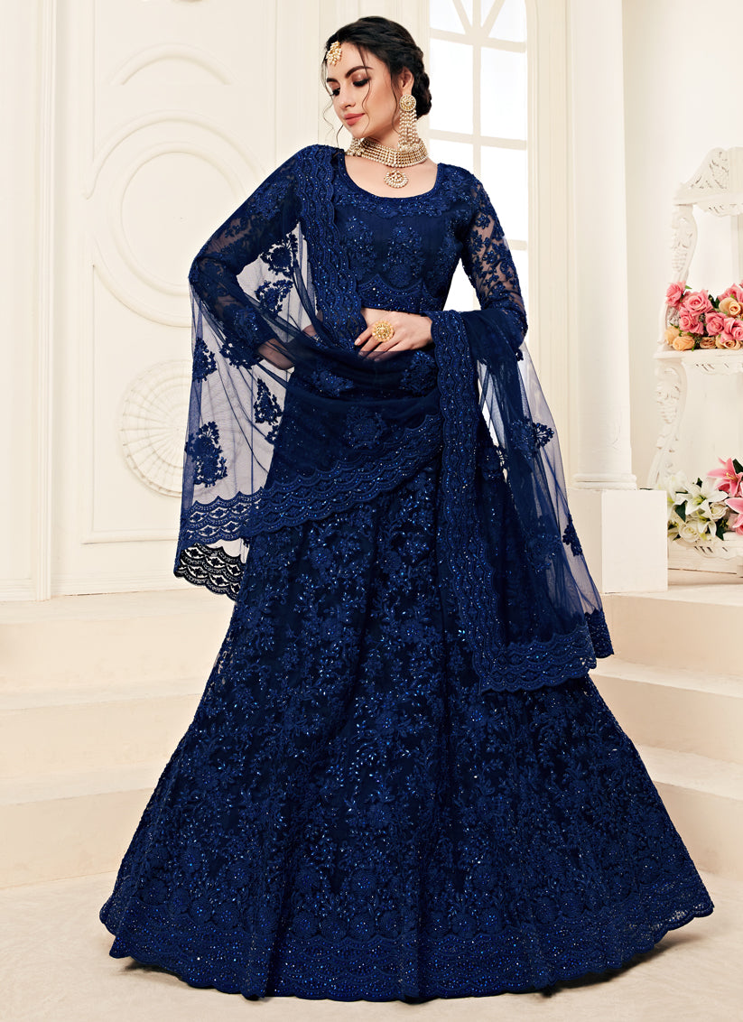 Blue Net Embroidered Designer Lehenga Choli