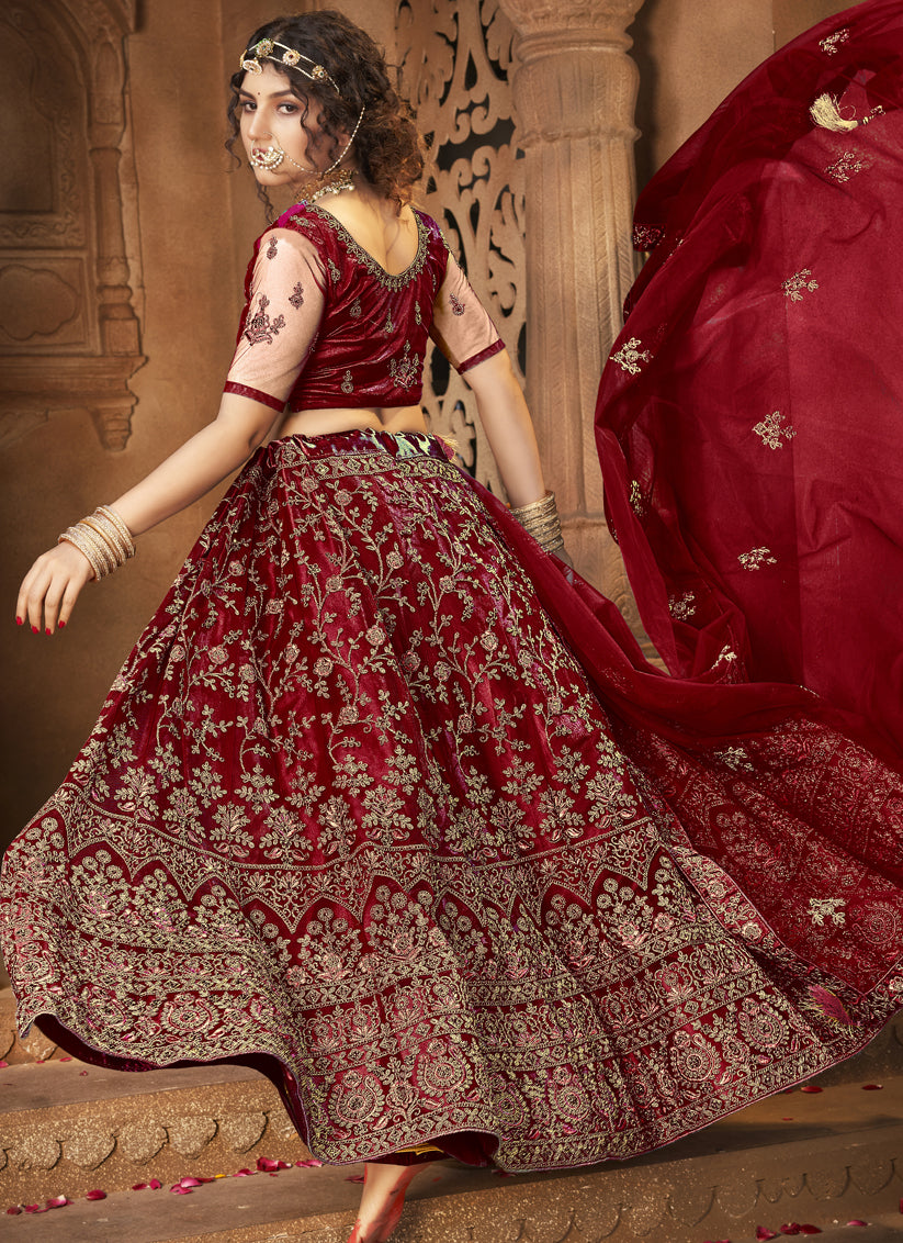 Maroon Net Embroidered Designer Lehenga Choli