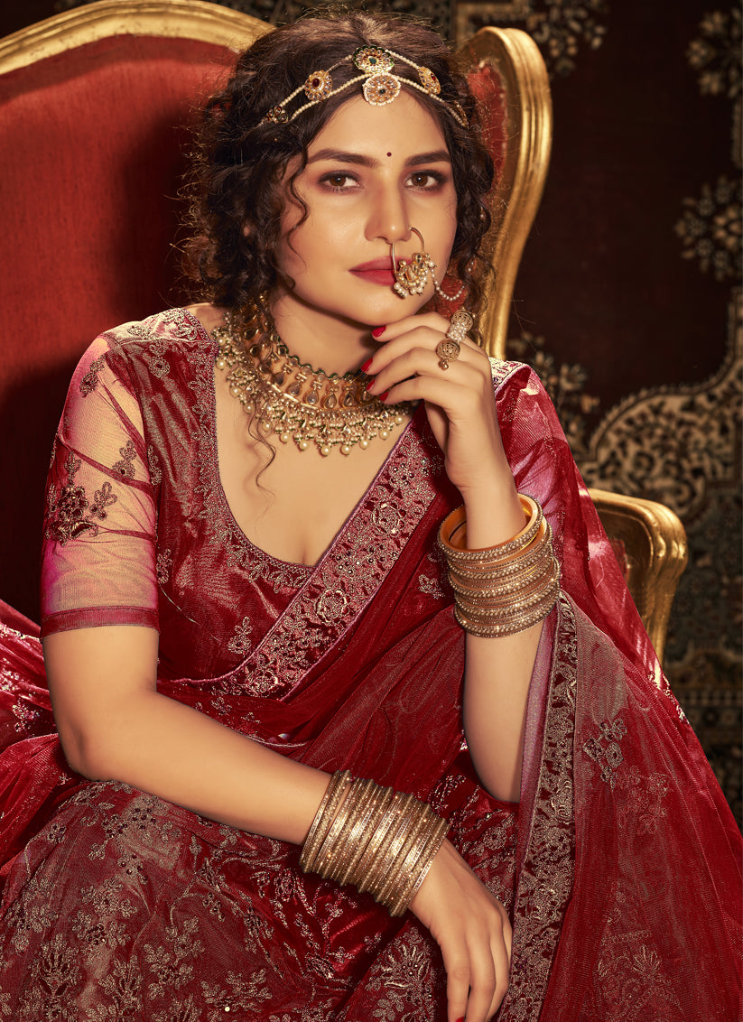 Maroon Net Embroidered Designer Lehenga Choli