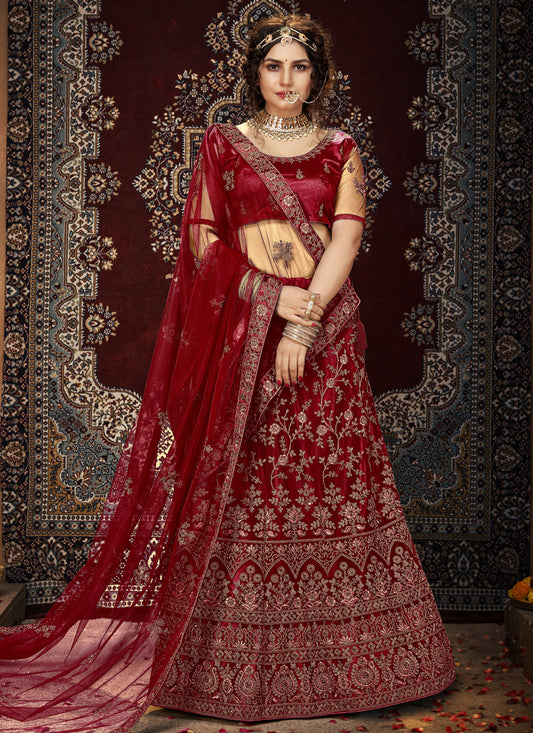 Maroon Net Embroidered Designer Lehenga Choli