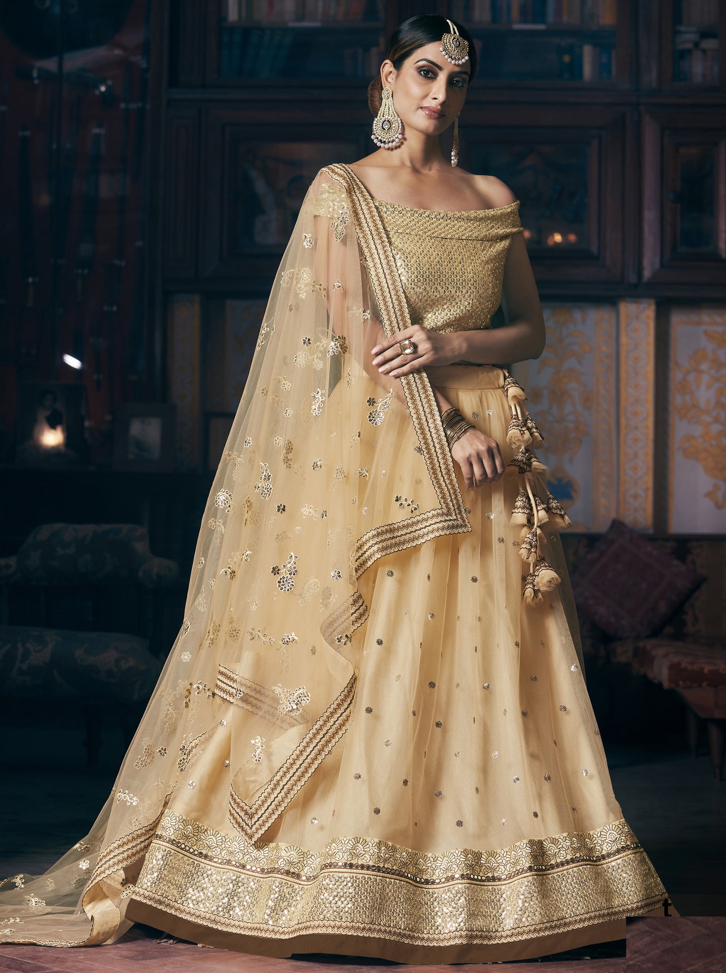 Cream Net Embroidered Designer Lehenga Choli