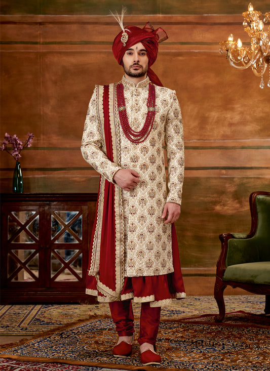 Cream Art Silk Embroidered Designer Sherwani with Stole